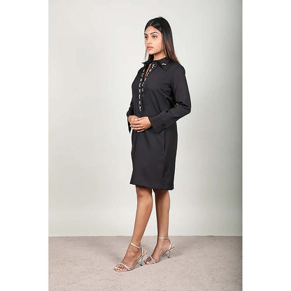 Fawn 24 Black Crepe Collar Neck Embroidered Full Sleeves Knee Length Dress
