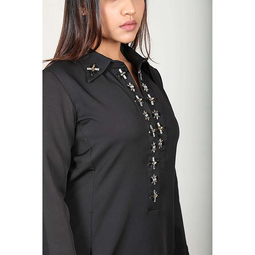 Fawn 24 Black Crepe Collar Neck Embroidered Full Sleeves Knee Length Dress
