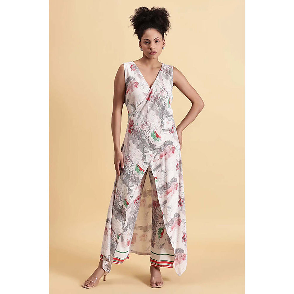 Fawn 24 White Georgette V-Neck Abstract Sleeveless Maxi Dress