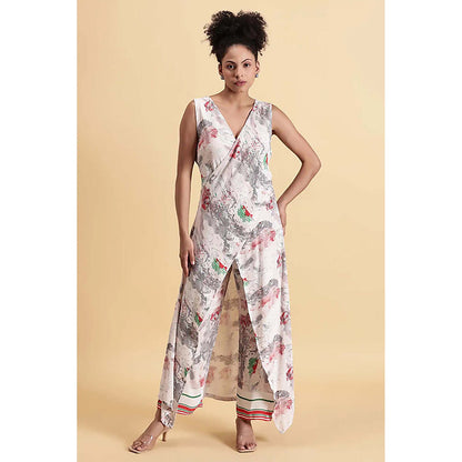 Fawn 24 White Georgette V-Neck Abstract Sleeveless Maxi Dress