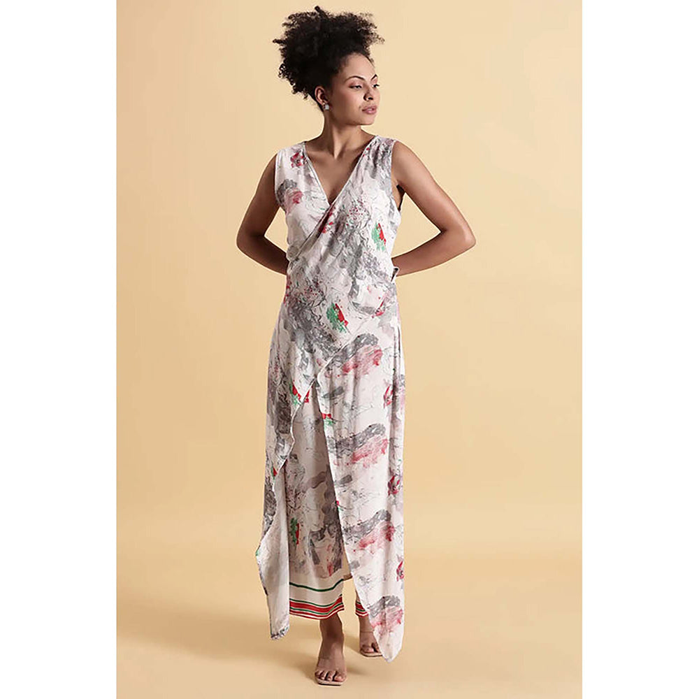 Fawn 24 White Georgette V-Neck Abstract Sleeveless Maxi Dress
