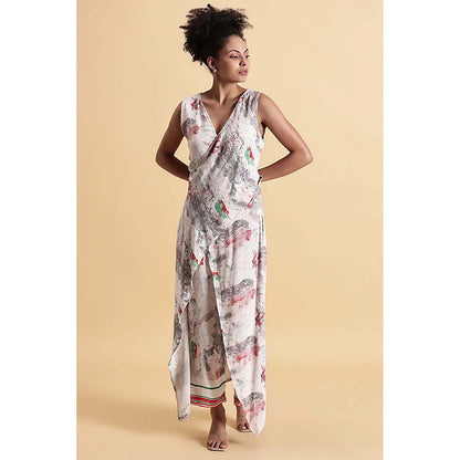 Fawn 24 White Georgette V-Neck Abstract Sleeveless Maxi Dress