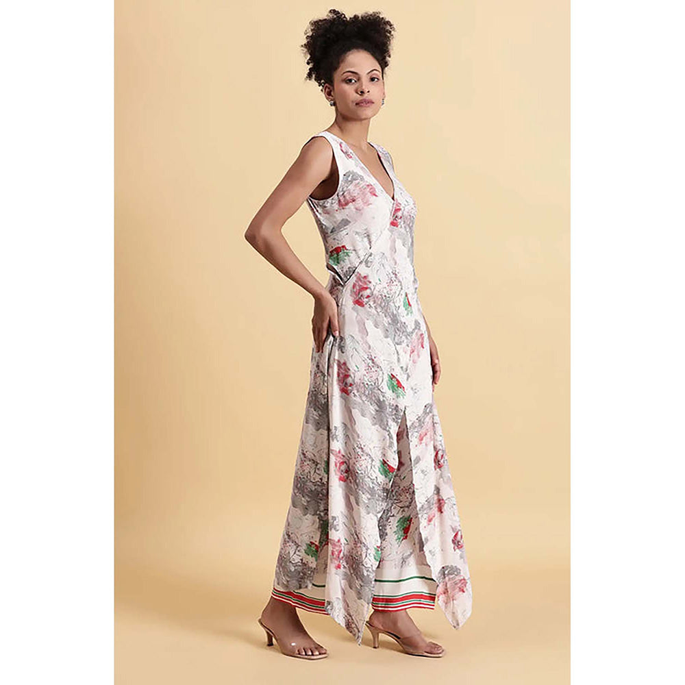 Fawn 24 White Georgette V-Neck Abstract Sleeveless Maxi Dress
