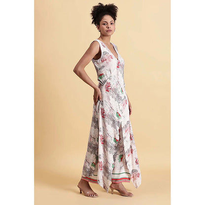 Fawn 24 White Georgette V-Neck Abstract Sleeveless Maxi Dress