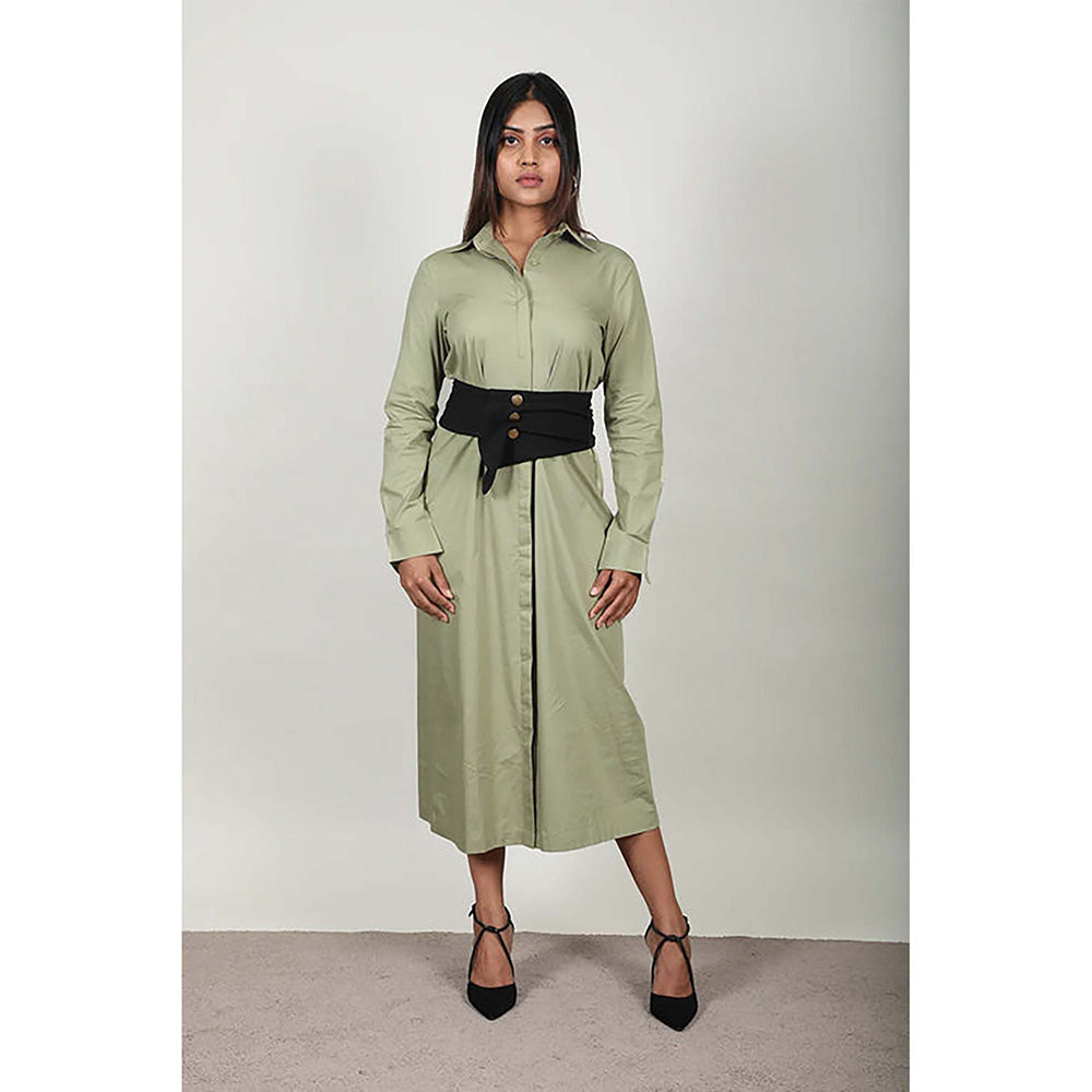 Fawn 24 Olive Poplin Collar Neck Solid/Plain Full Sleeves Midi Dress