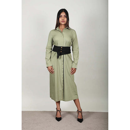 Fawn 24 Olive Poplin Collar Neck Solid/Plain Full Sleeves Midi Dress
