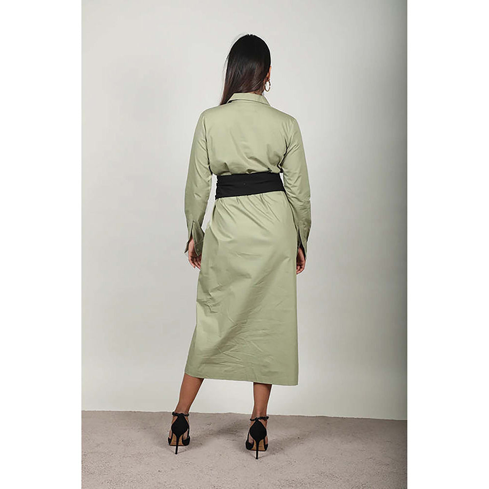 Fawn 24 Olive Poplin Collar Neck Solid/Plain Full Sleeves Midi Dress