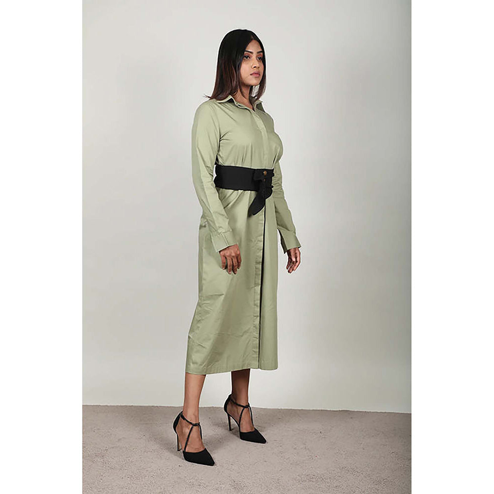 Fawn 24 Olive Poplin Collar Neck Solid/Plain Full Sleeves Midi Dress