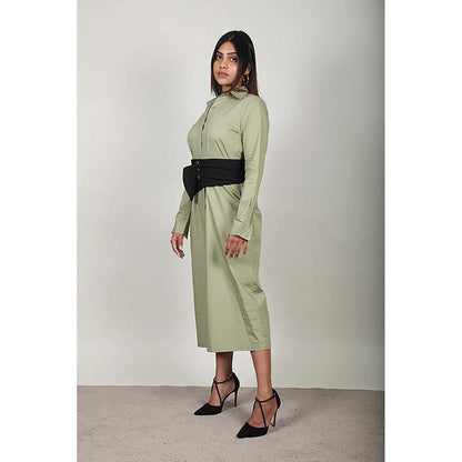 Fawn 24 Olive Poplin Collar Neck Solid/Plain Full Sleeves Midi Dress