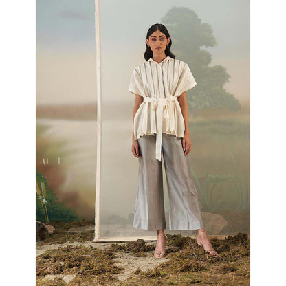 FEBo6 Ivory Pleated Shirt with Pant & Belt (Set of 3)