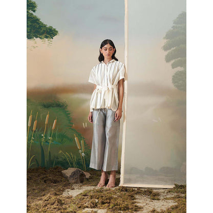 FEBo6 Ivory Pleated Shirt with Pant & Belt (Set of 3)