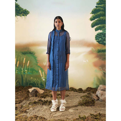 FEBo6 Monsoon In Woods Blue Midi Dress with Slip (Set of 2)