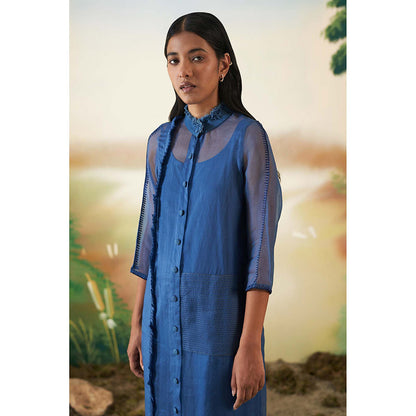 FEBo6 Monsoon In Woods Blue Midi Dress with Slip (Set of 2)