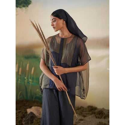 FEBo6 Cedar Navy Blue Colorblock Kaftan Top with Slip (Set of 2)