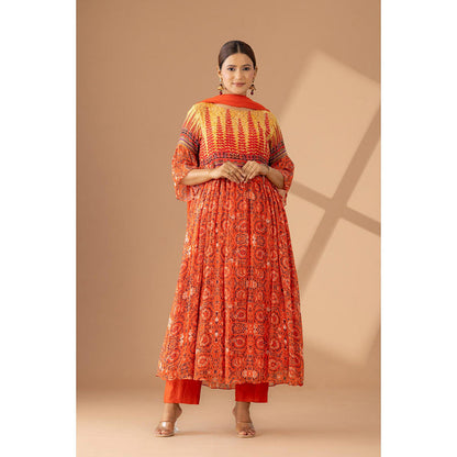 Finethreads by Hina & Nikhat Sunset Grace Orange Anarkali and Pant and Dupatta (Set of 3)