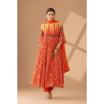 Finethreads by Hina & Nikhat Sunset Grace Orange Anarkali and Pant and Dupatta (Set of 3)