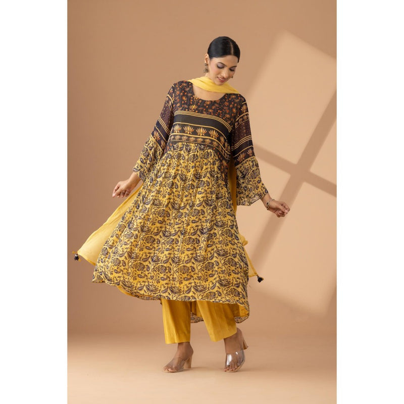 Finethreads by Hina & Nikhat Golden Hour Mustard Anarkali and Pant with Dupatta (Set of 3)