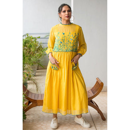 Finethreads by Hina & Nikhat Yellow Witch Hazel Dress with Slip (Set of 2)