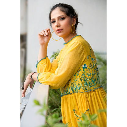 Finethreads by Hina & Nikhat Yellow Witch Hazel Dress with Slip (Set of 2)