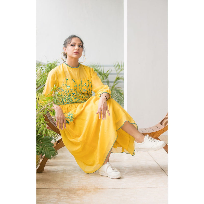 Finethreads by Hina & Nikhat Yellow Witch Hazel Dress with Slip (Set of 2)