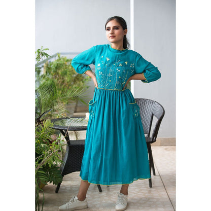 Finethreads by Hina & Nikhat Turquoise Witch Hazel Dress with Slip (Set of 2)