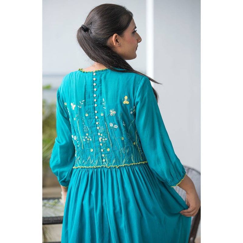 Finethreads by Hina & Nikhat Turquoise Witch Hazel Dress with Slip (Set of 2)