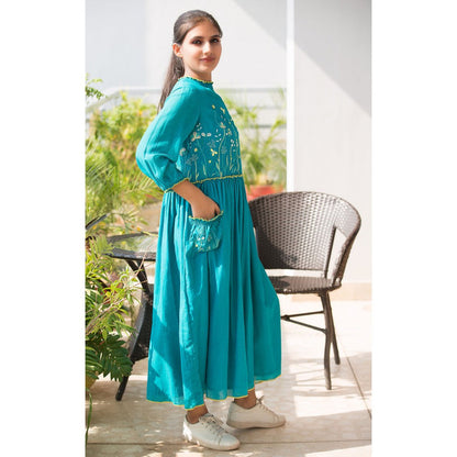 Finethreads by Hina & Nikhat Turquoise Witch Hazel Dress with Slip (Set of 2)