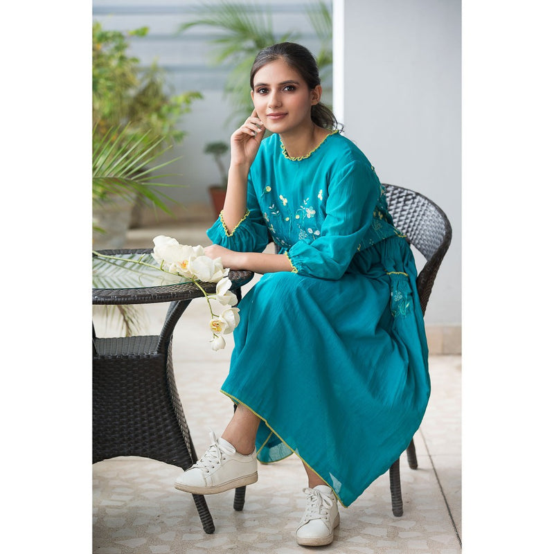 Finethreads by Hina & Nikhat Turquoise Witch Hazel Dress with Slip (Set of 2)