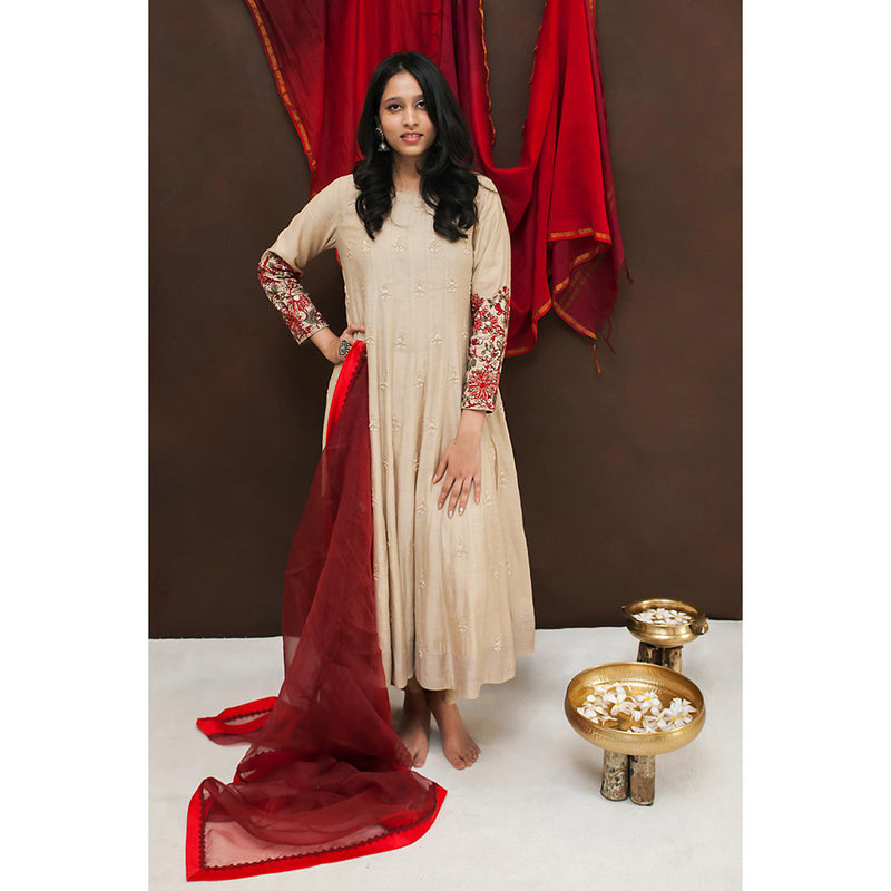 Finethreads by Hina & Nikhat Beige Gauhar Anarkali with Pant and Dupatta
