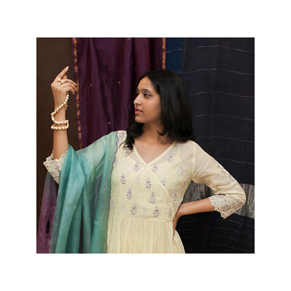 Finethreads by Hina & Nikhat Yellow Sara Anarkali with Slip, Churidar and Dupatta