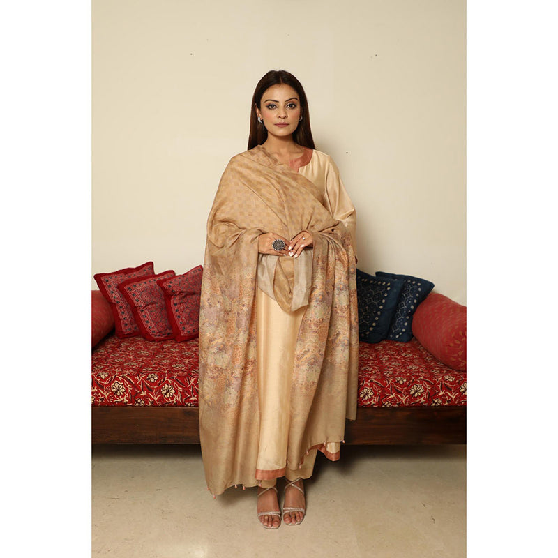 Finethreads by Hina & Nikhat Beige A-Line Chanderi Silk Kurta with Pant and Dupatta