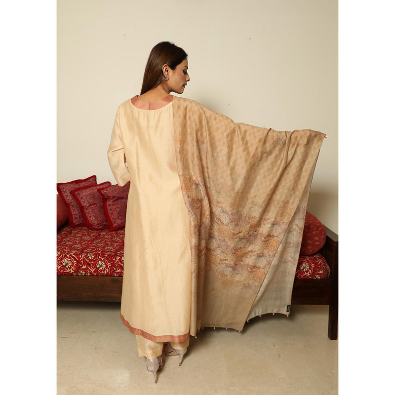 Finethreads by Hina & Nikhat Beige A-Line Chanderi Silk Kurta with Pant and Dupatta