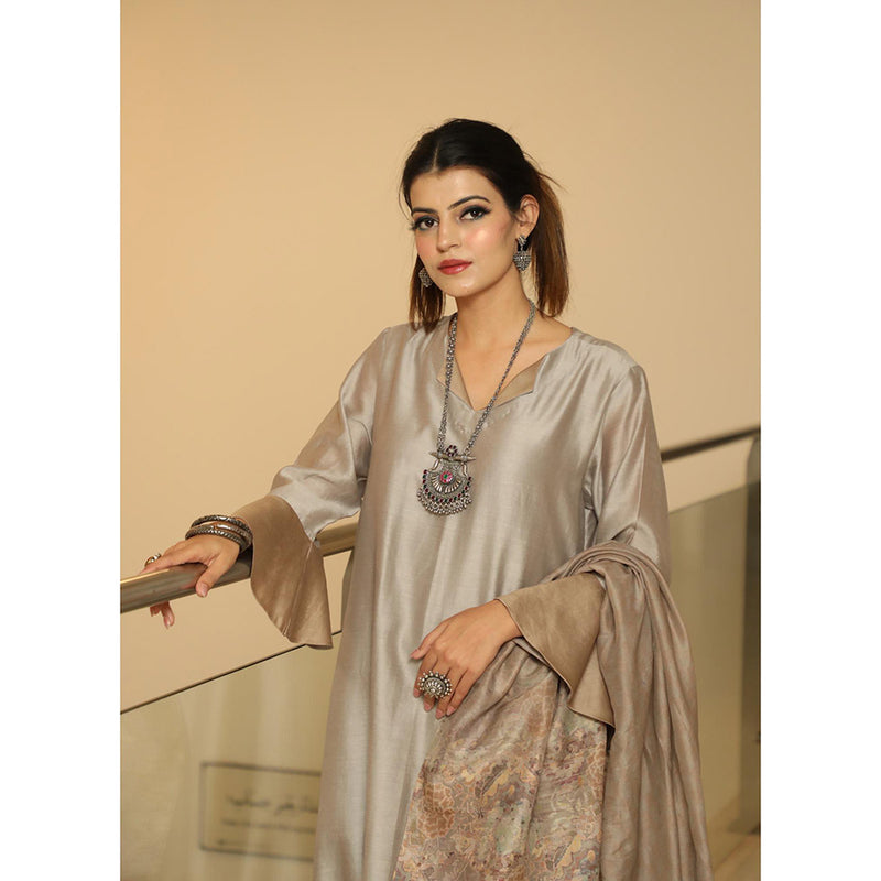 Finethreads by Hina & Nikhat A-Line Steel Grey Anarkali with Pant and Dupatta