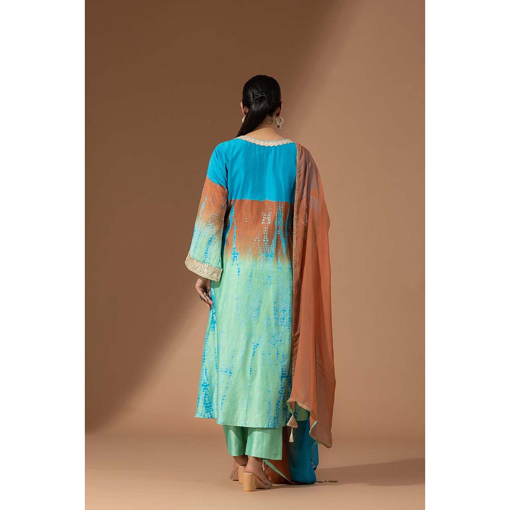 Finethreads by Hina & Nikhat Womens Tie & Dye Blue Kurta with Pant and Dupatta