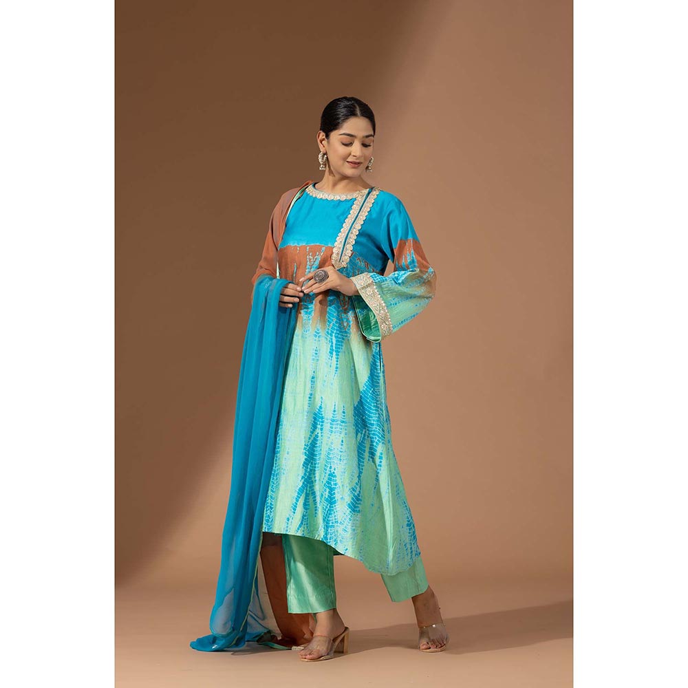 Finethreads by Hina & Nikhat Womens Tie & Dye Blue Kurta with Pant and Dupatta