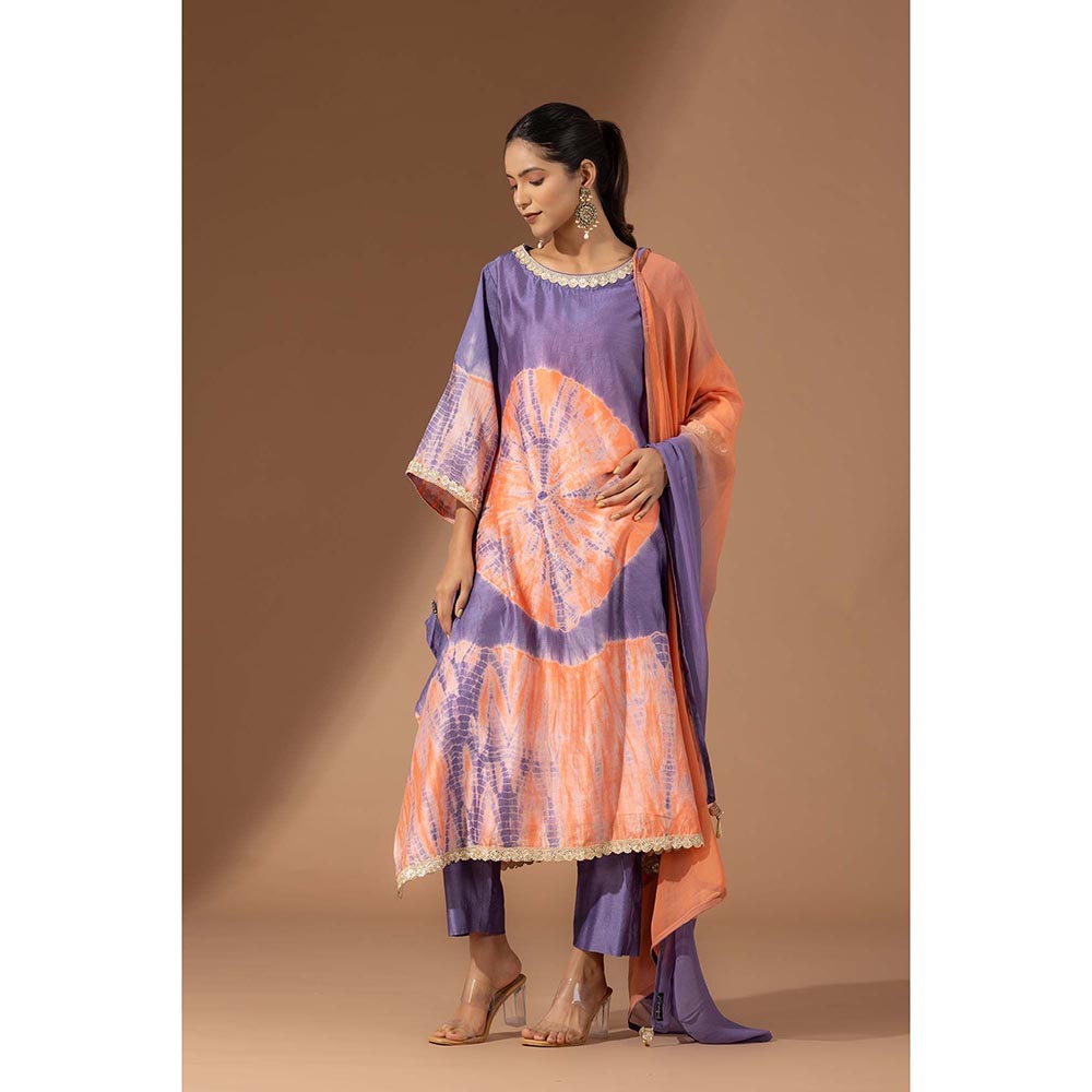 Finethreads by Hina & Nikhat Womens Tie & Dye Purple Kurta with Pant and Dupatta