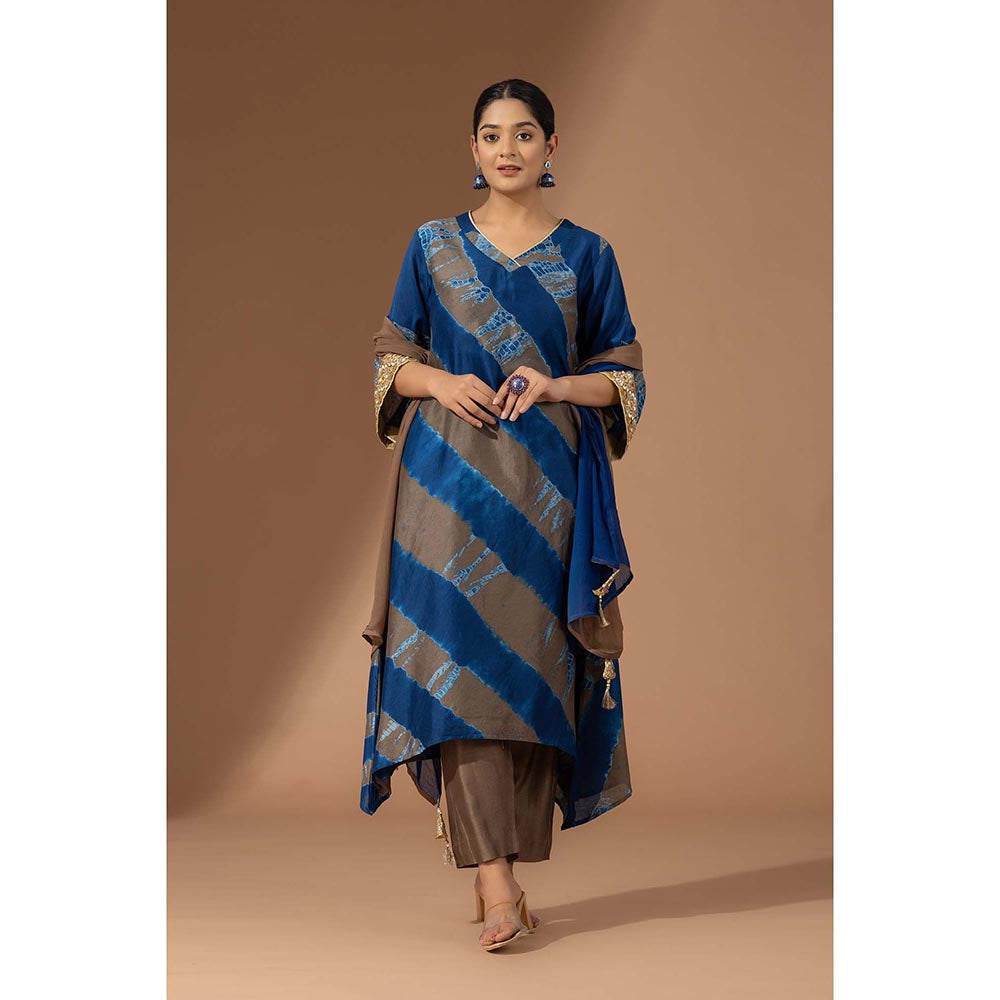 Finethreads by Hina & Nikhat Womens Tie & Dye Navy Blue Kurta with Pant and Dupatta