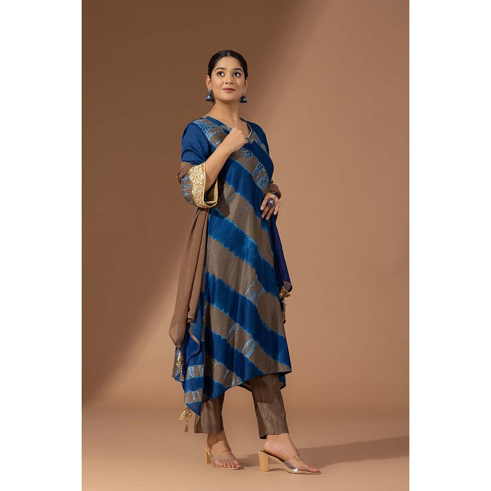 Finethreads by Hina & Nikhat Womens Tie & Dye Navy Blue Kurta with Pant and Dupatta