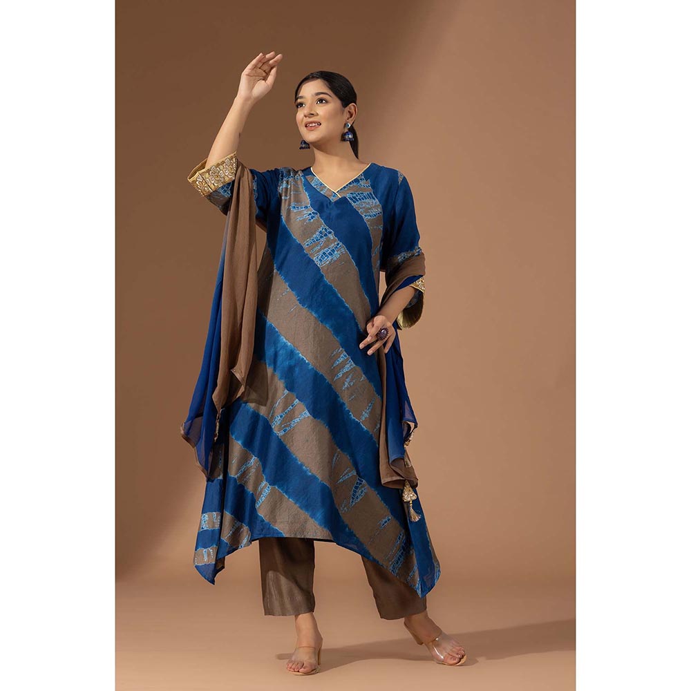 Finethreads by Hina & Nikhat Womens Tie & Dye Navy Blue Kurta with Pant and Dupatta