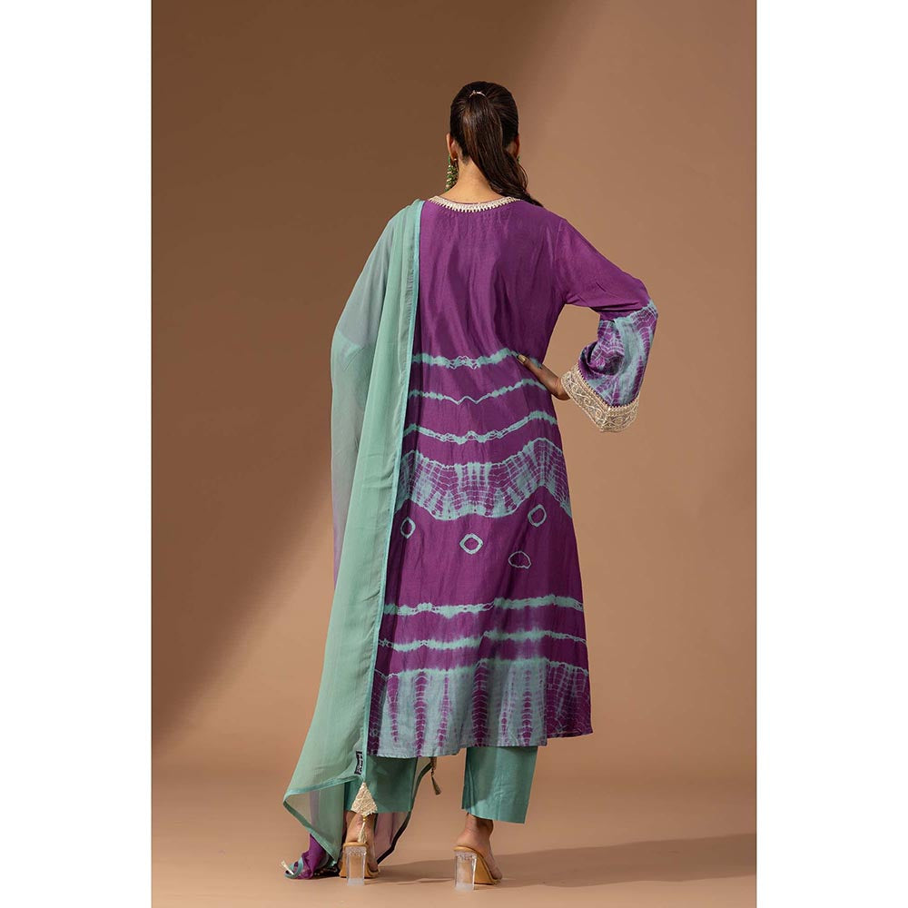 Finethreads by Hina & Nikhat Womens Tie & Dye Purple Kurta with Pant and Dupatta