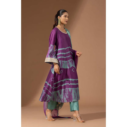 Finethreads by Hina & Nikhat Womens Tie & Dye Purple Kurta with Pant and Dupatta