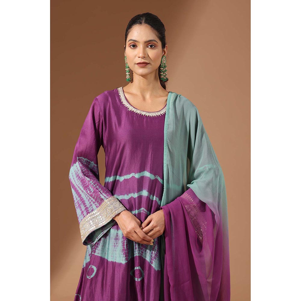 Finethreads by Hina & Nikhat Womens Tie & Dye Purple Kurta with Pant and Dupatta