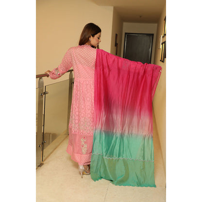 Finethreads by Hina & Nikhat Womens Embroidered Pink Anarkali Kurta with Palazzo and Dupatta