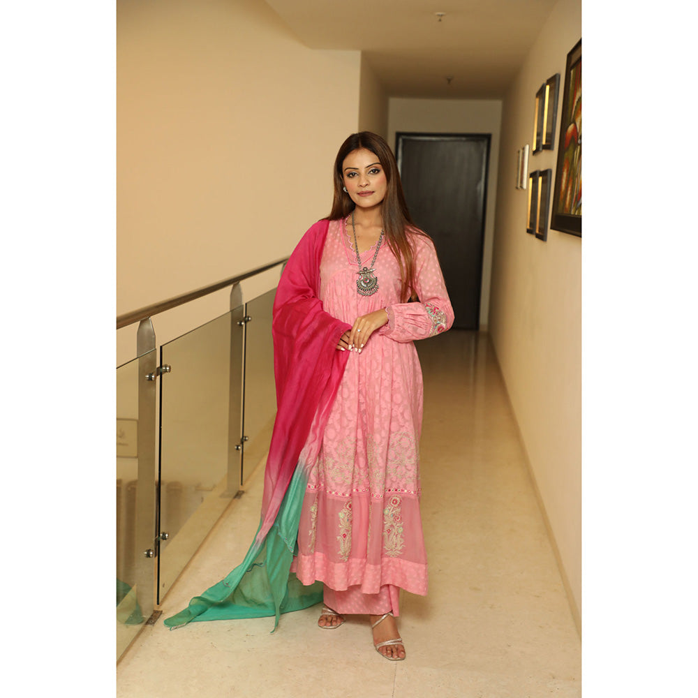 Finethreads by Hina & Nikhat Womens Embroidered Pink Anarkali Kurta with Palazzo and Dupatta