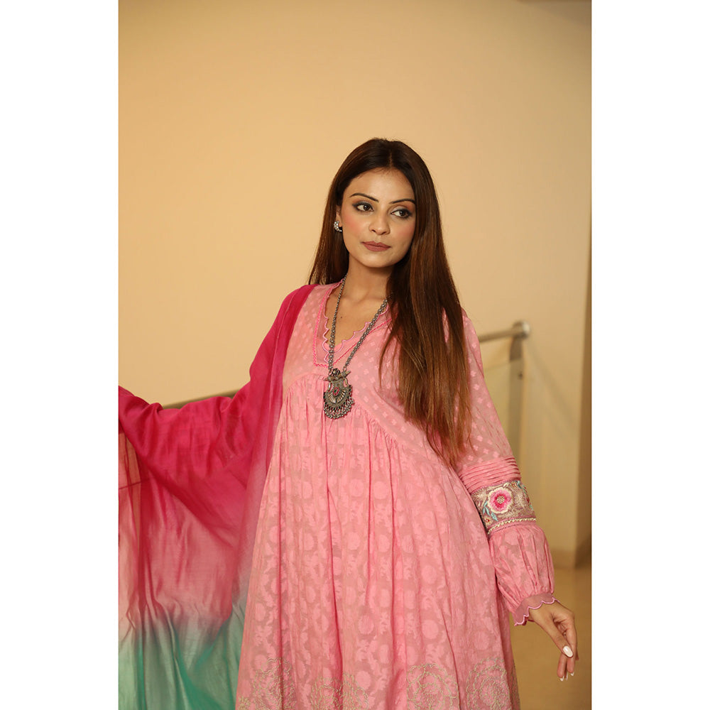 Finethreads by Hina & Nikhat Womens Embroidered Pink Anarkali Kurta with Palazzo and Dupatta