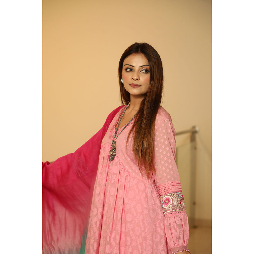 Finethreads by Hina & Nikhat Womens Embroidered Pink Anarkali Kurta with Palazzo and Dupatta