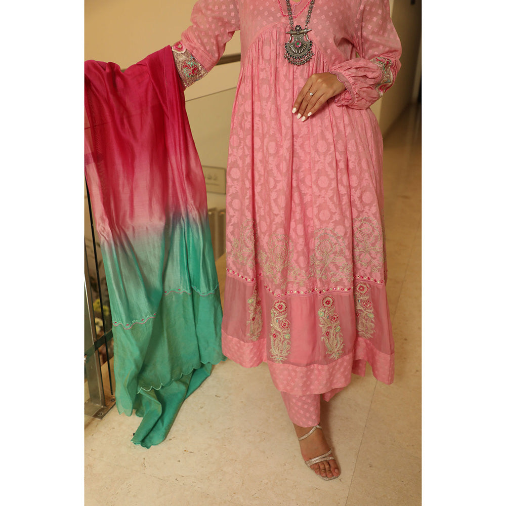 Finethreads by Hina & Nikhat Womens Embroidered Pink Anarkali Kurta with Palazzo and Dupatta