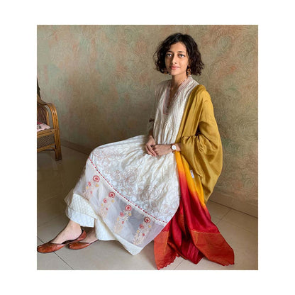 Finethreads by Hina & Nikhat Womens Embroidered White Anarkali Kurta with Palazzo and Dupatta