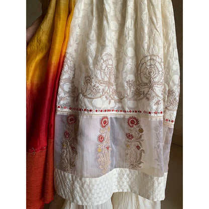 Finethreads by Hina & Nikhat Womens Embroidered White Anarkali Kurta with Palazzo and Dupatta