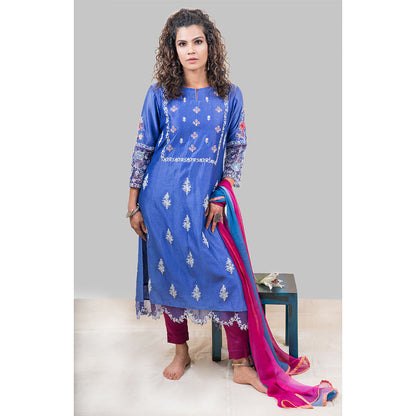 Finethreads by Hina & Nikhat Womens Embroidered Blue Kurta with Pant and Dupatta